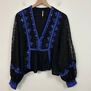 Free People Small Boogie All Night Blouse Black Blue Embroidery Mirrors Lace